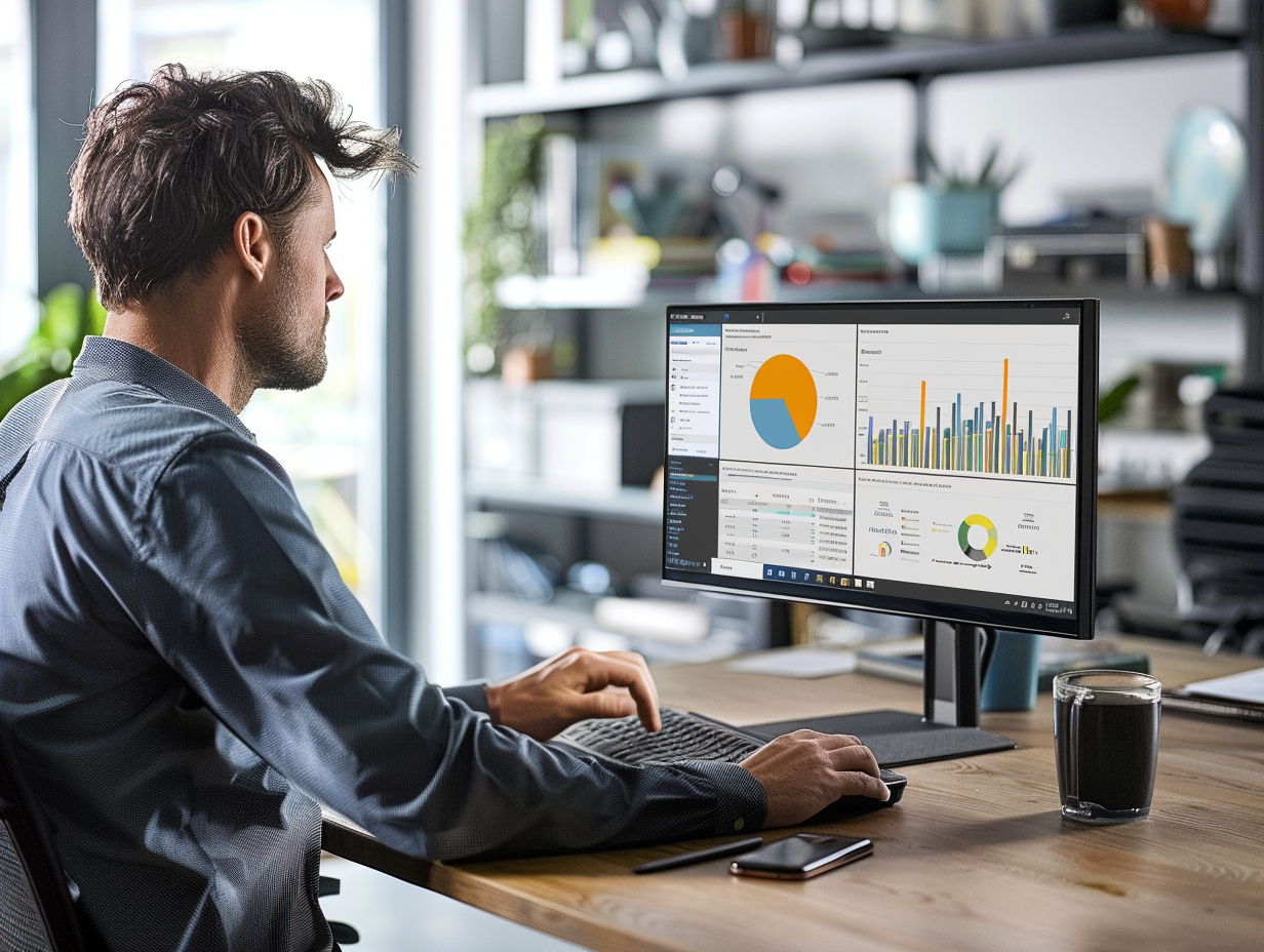 An image of a man checking data on his computer